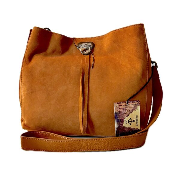 Harbor 2nd Suede Crossbody Bucket Bag Cognac Brown Brass Detach/Adjust Strap NEW - Picture 1 of 12